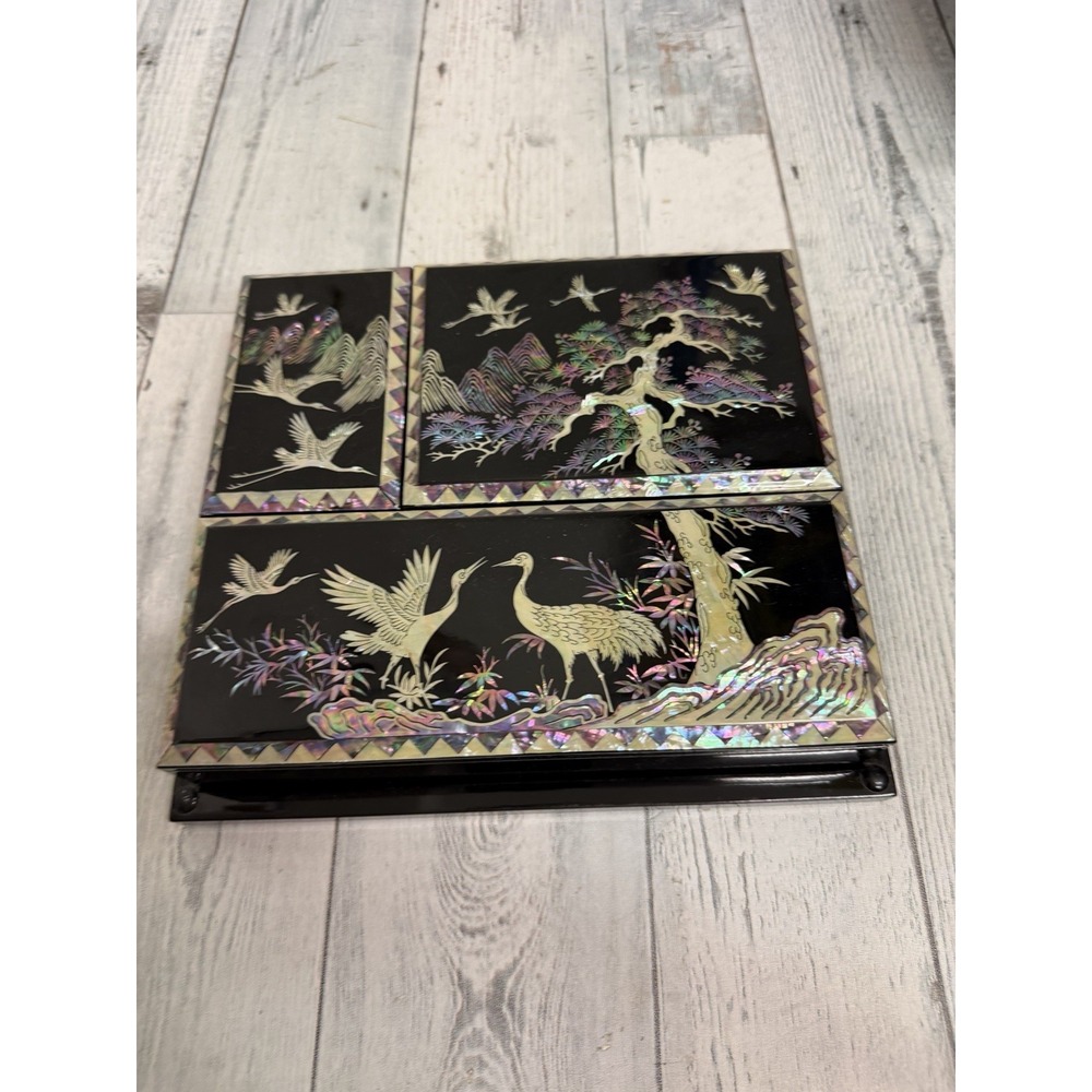 Korean Hanji Mother of Pearl Jewelry Box Trees Cranes Keepsake 3 Boxes Tray